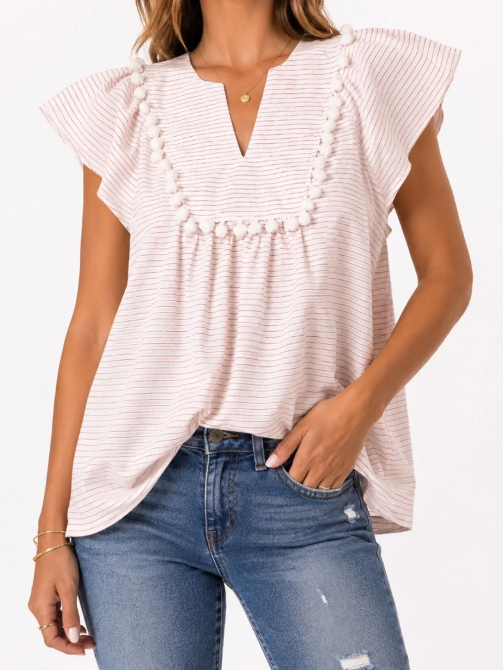St John’s Bay White Red Stripe Pom Trim Blouse XL Coastal Boho - Picture 2 of 7